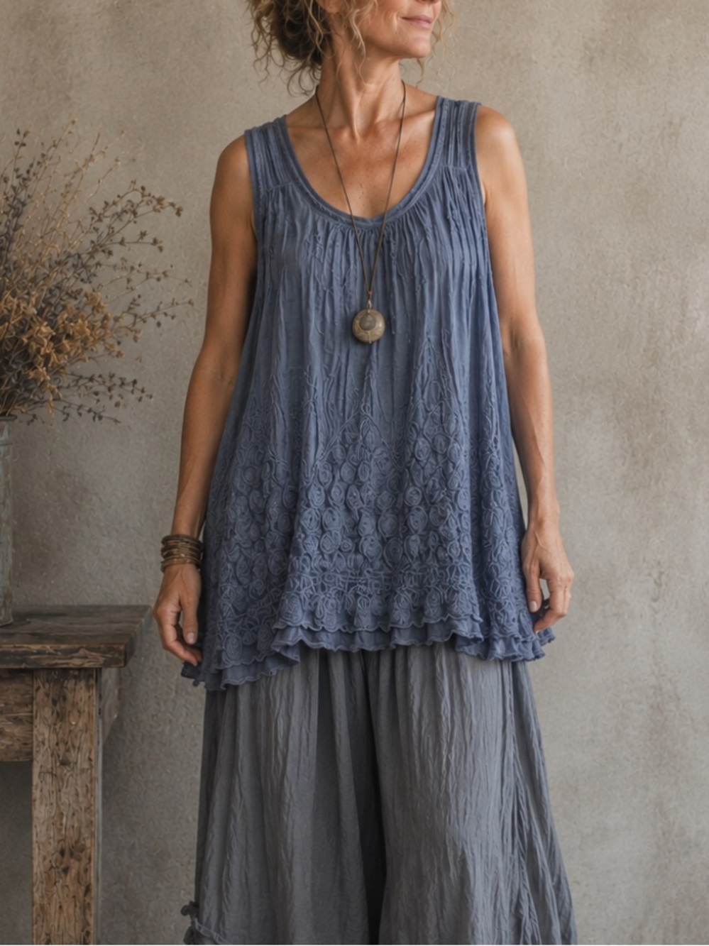 Belle France Boho Linen-Blend Embroidered Lagenlook Layered Tank